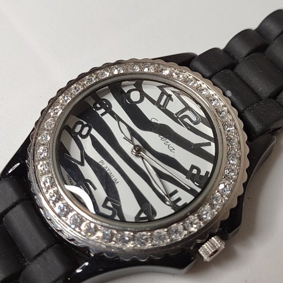 Zebra Striped Geneva Watch With Rubber Black Band - Picture 2 of 12